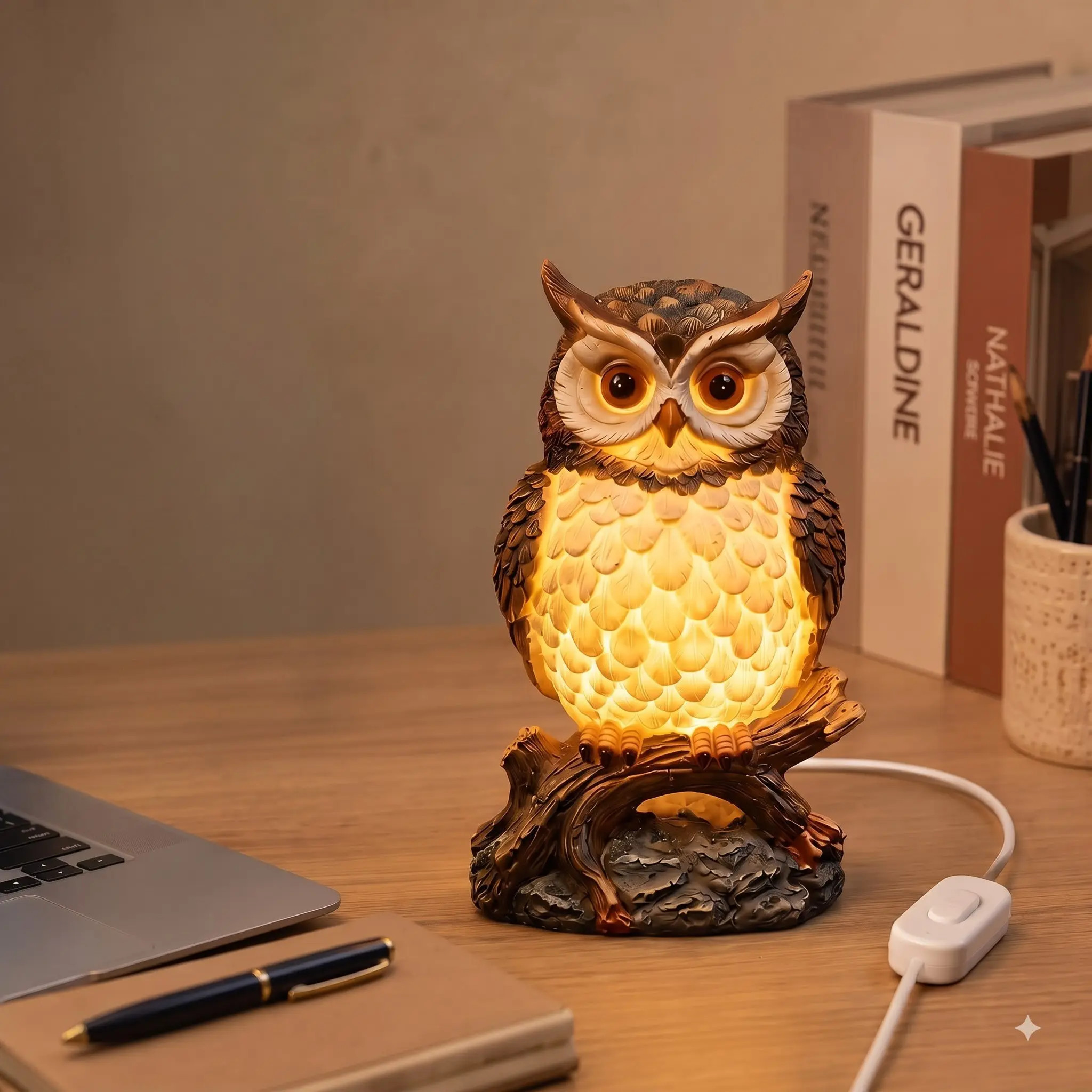 Glowing Owl Figurine Lamp for Bedroom Nightstand, Cozy Warm Ambient Lighting, Gift for Nature Lovers, Cottagecore Room Aesthetics