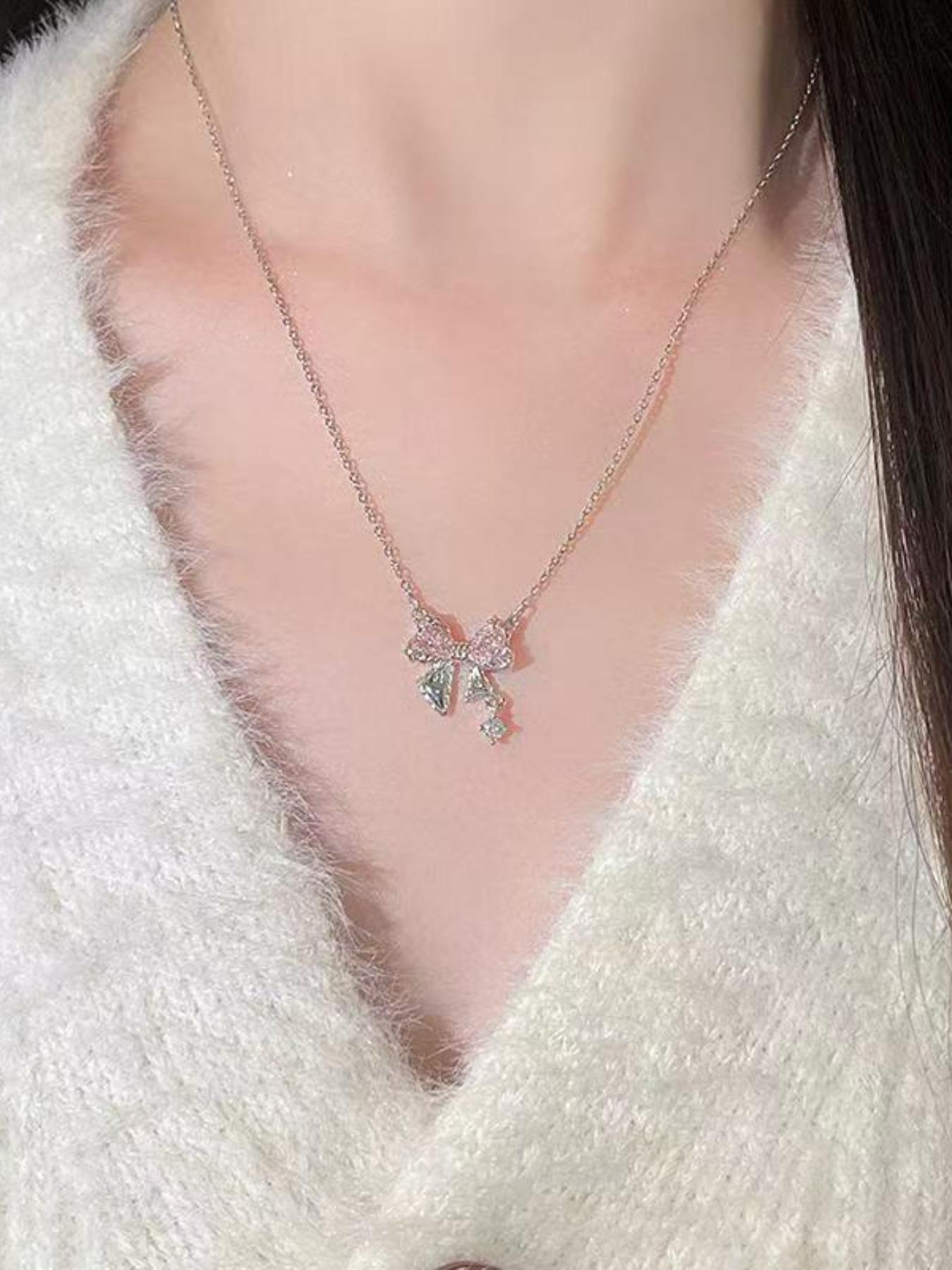 Women's Elegant Bow Design Pendant Necklace, Sparkling Rhinestones Chains, Daily Clothing Decor, Trendy All-match & Exquisite Jewelry for Birthday Gift, Daily Wear Necklace, Bling Necklace, Dainty Necklace
