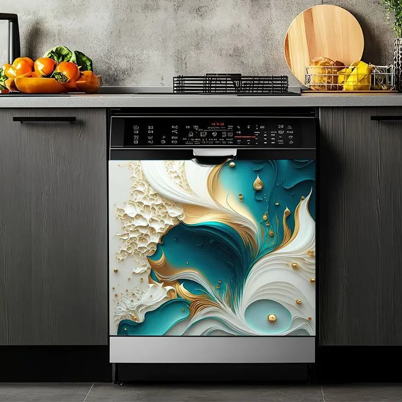 2D Flat 2Pcs Luxury Abstract Marble Vinyl Stickers for Dishwasher, Elegant Turquoise Gold Wave Pattern Design, Self-Adhesive Waterproof Decorative Decals Kitchen Appliances, Refrigerator, Washing Machine Renovation, Home Decor Art