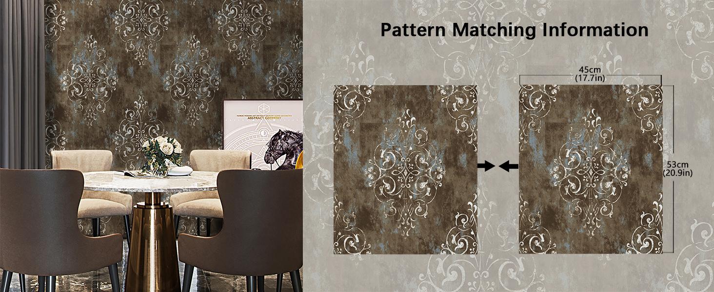 Vintage Peel and Stick Wallpaper Damask Brown/Beige/Teal Vinyl Stick on Wall Paper for Bedroom Home 17.7in x 9.8ft