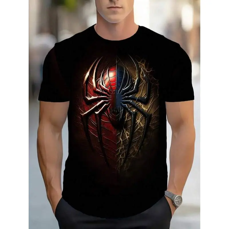 Graphic T-Shirt For Men -T-Shirt With Red And Golden Spider Design, Soft And Breathable Fabric For Daily Streetwear, Comic-Con Outfits - Round-Neck