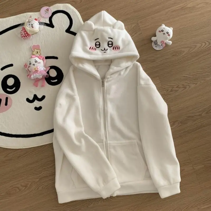 Kawaii Chiikawa Zipper Hoodie Jacket Japane Hachiware Usagi Loose Hooded Coat Girls Cartoon Embroidery Sweatshirt Warm Outerwear