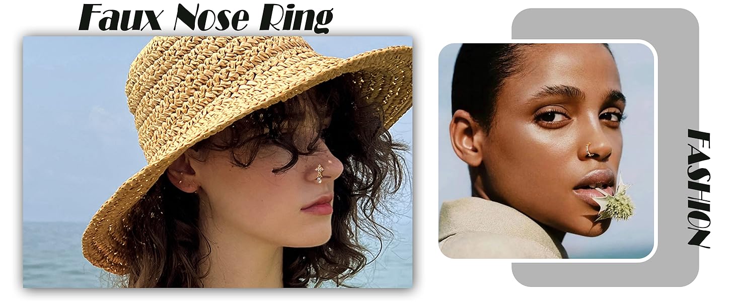 12-16Pcs Nose Cuff Fake Nose Ring Hoop Clip on Nose Ring CZ Dangle Fake Nose Ring Cartilage Tragus Ring Nose Cuff Non Piercing for Women Men Gold Silver