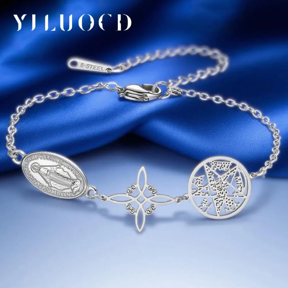 Stainless Steel Triple Protection Bracelet Witch Knot Virgin Mary Pentagram Tetragrammaton Three Types Amulet Jewelry for Women