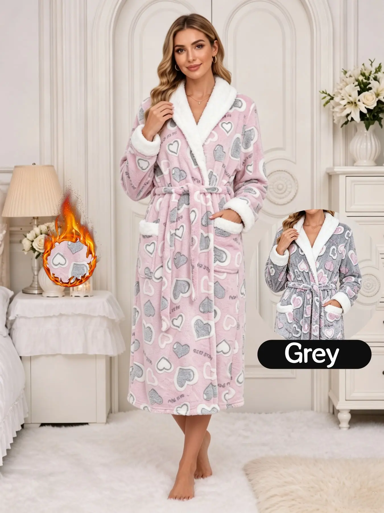 Women's Fall Winter Sweet Heart Print Flannel Sleep Robe, Thickened Warm Comfortable Long Bathrobe with Pockets, Home Atmosphere Long Coat Loungewear