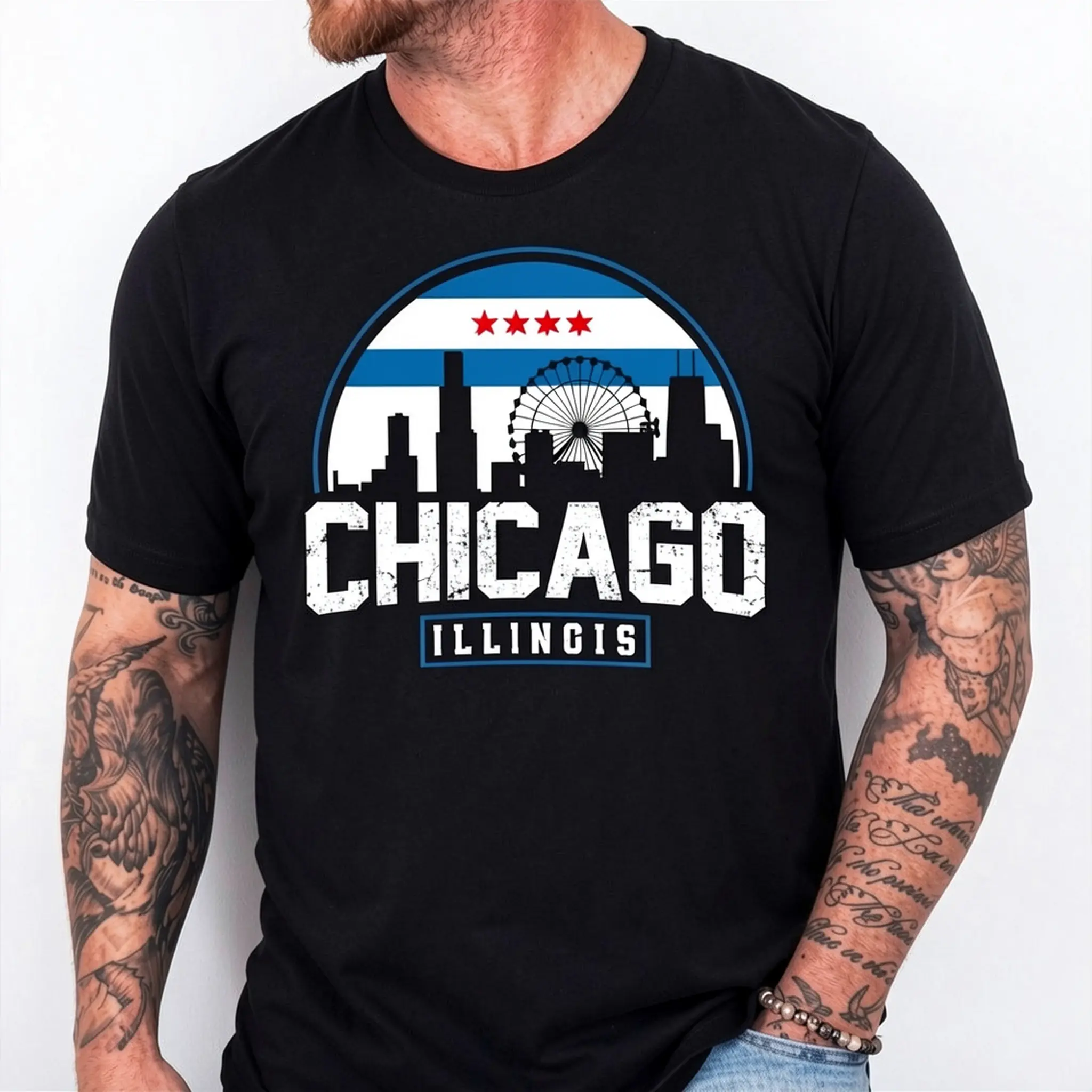100% Cotton Top Chicago Illinois Flag Tees Vintage Skyline T-Shirt