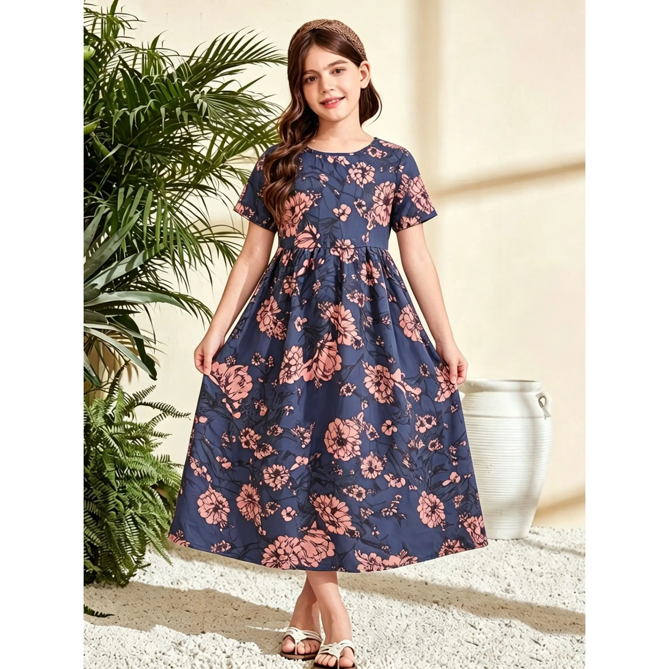Toddler Girl's Navy Blue Bohemian Floral Long Dress, Short-Sleeved Casual A-Line Maxi Dress (Suitable for Beach Vacation)