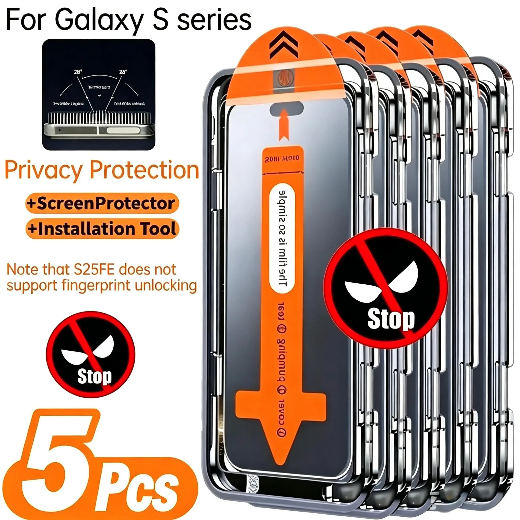 5pcs of Privacy Tempered Glass Screen Protectors Designed for Samsung for galaxy S22 5G, S22+ 5G, S23, S23+, S24, S24 Plus, S24 Ultra, S25, S25 Plus, S25 Ultra, S25 Edge, And S26 Series. They Feature 9H+ Hardness, Anti-Fingerprint Properties