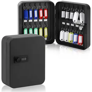 20 Key Storage Lock Box with Combination Code Lock, Wall Mounted Key Cabinet Organizer with Hooks & Labels for Home, Office & Rental Properties, 7.87 x 6.3 x 3.14 in, Black