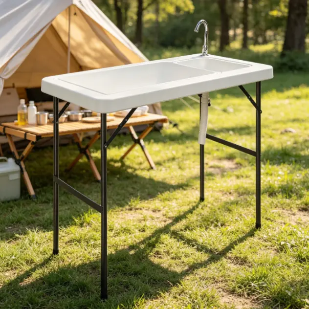 Portable Folding Table with Sink & Faucet - Outdoor Fish Fillet & Hunting Prep Station, Lightweight HDPE Top for Camping