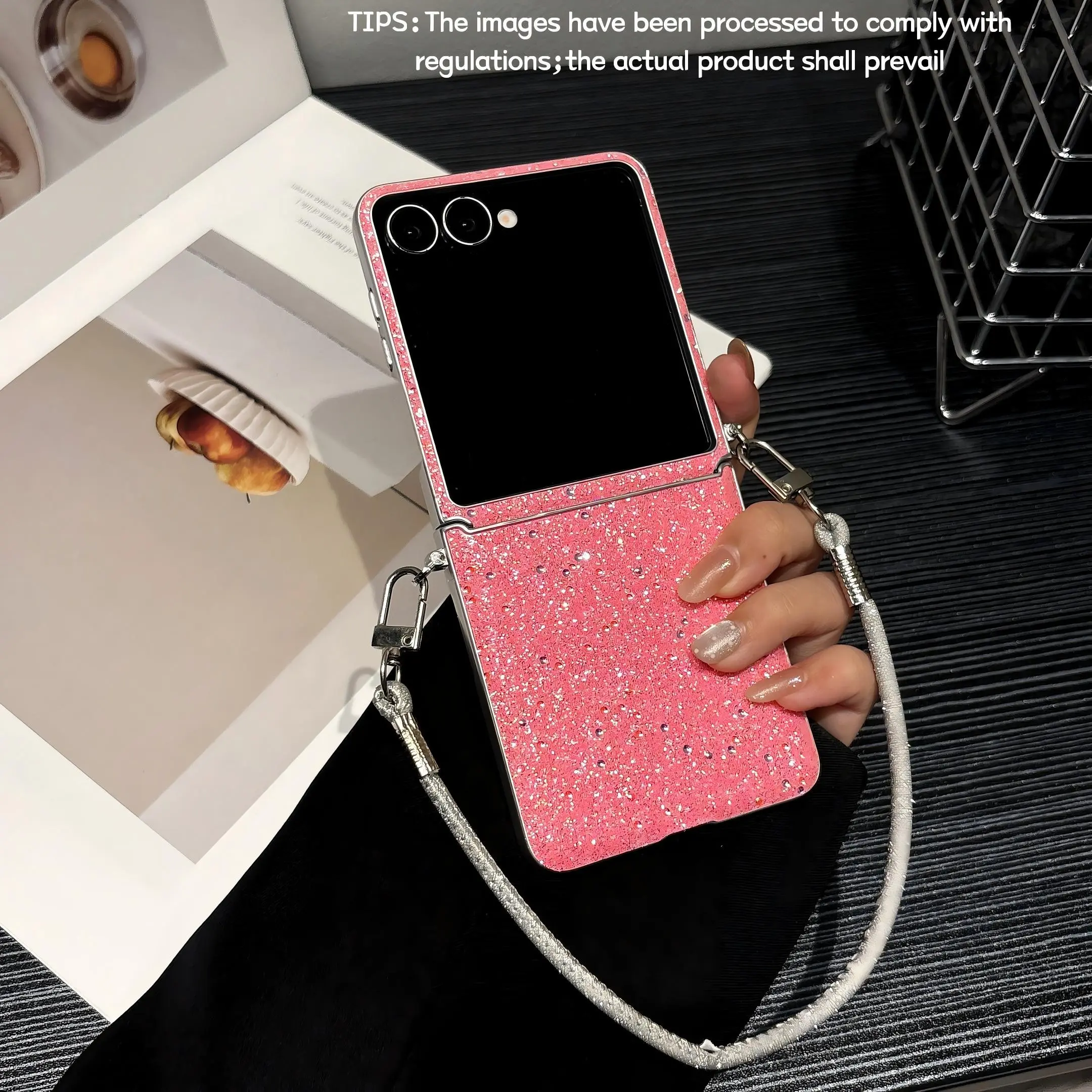 Silver protective case with glittering rhinestones, optional wrist strap, for Samsung Galaxy Z Flip 8/7/7FE/6/5/4/3, high-saturation colors, sparkling texture, stylish protective cover, unique design suitable for daily use, protective shell