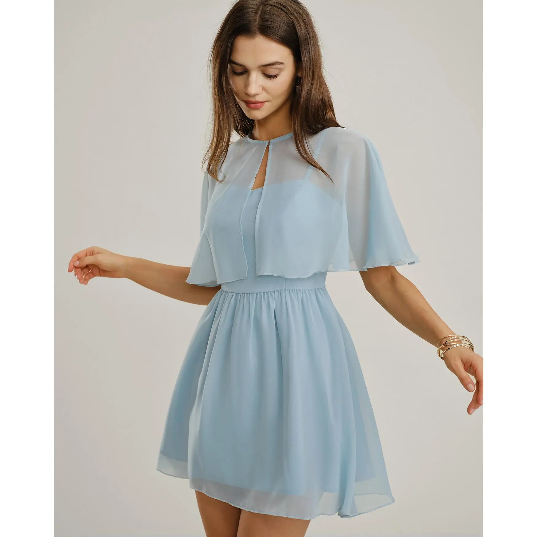 Blue Sweetheart Neck Chiffon Mini Dress