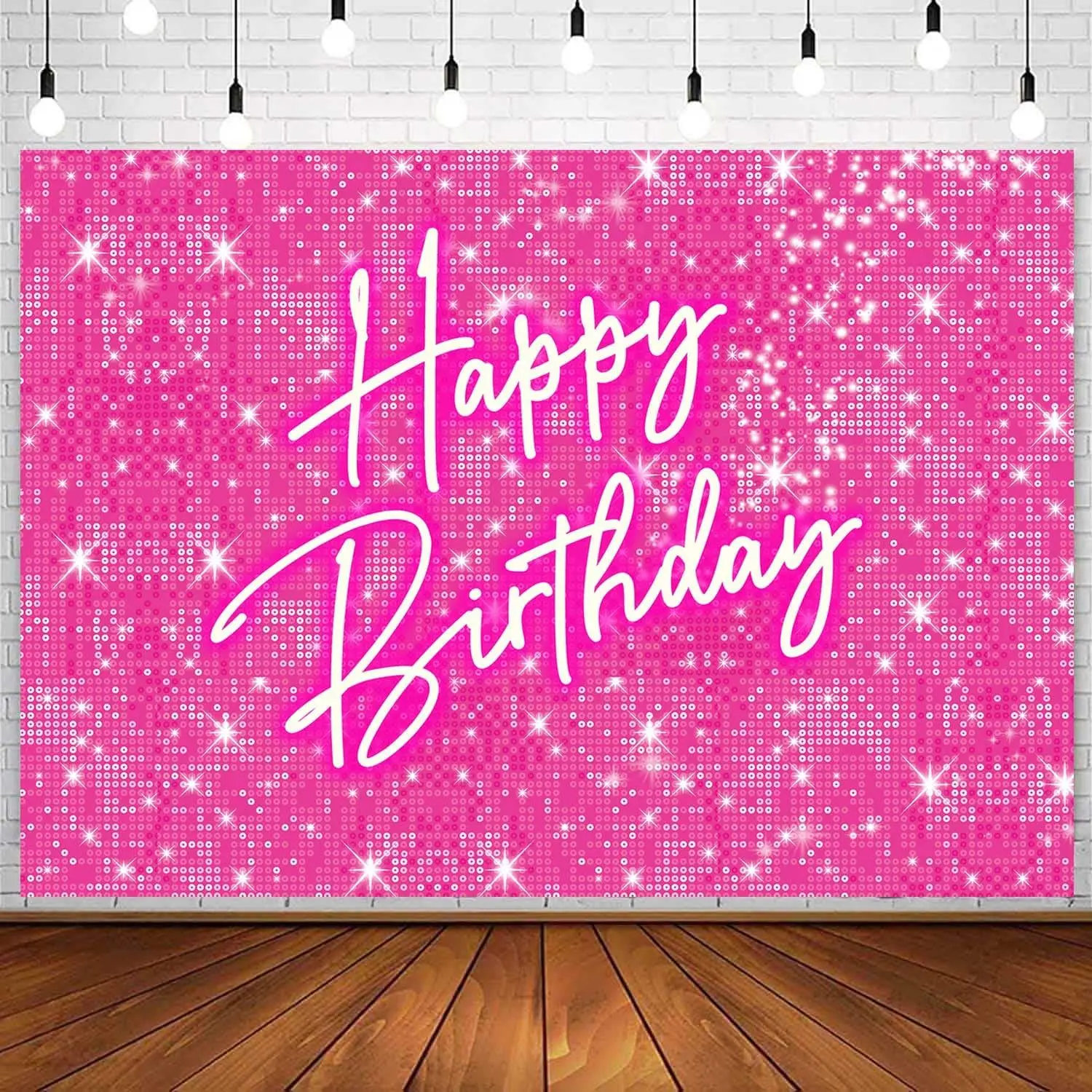 Shiny  Happy Birthday Backdrop for Lady Girls Women Princess Theme Party Decorations Neon Birthday Banner Glitter Photo Booth Studio Props Photography Background 5x3ft