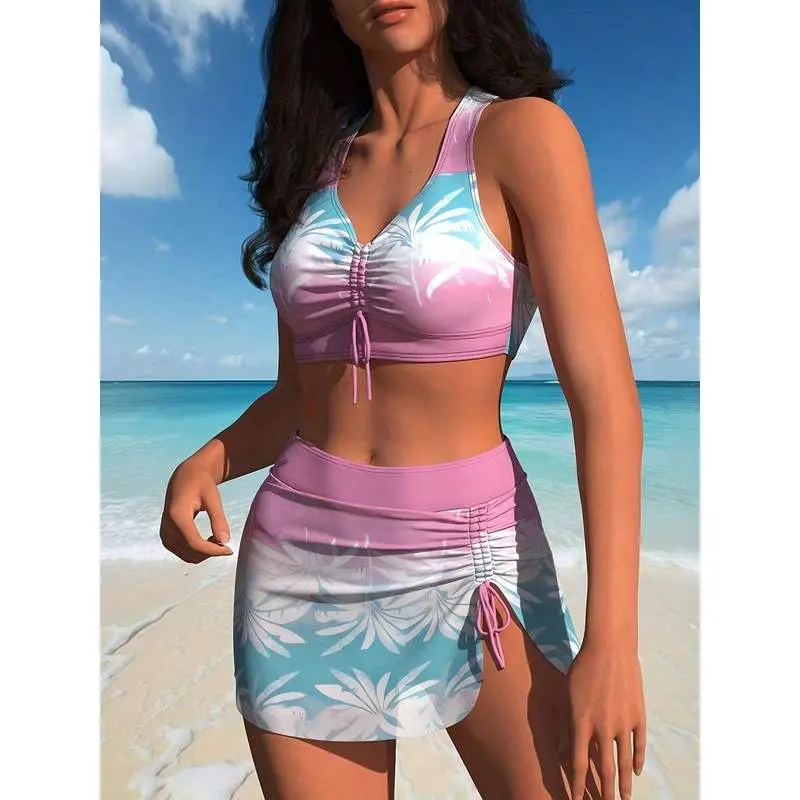 Women's 2026 New Pink-Blue Gradient Coconut Print 2-Piece Modest Swimwear, Drawstring V-Neck Skirted Tankini, Two-Pieces
