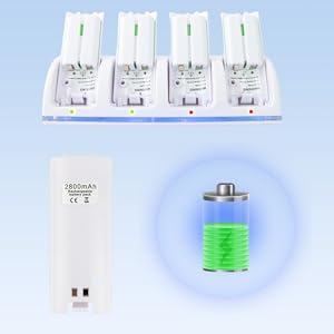 4-in-1 Remote Charging Station Accessories with 4 Pack 2800mAh Rechargeable Batteries, Plugs and USB Cable for Wii/Wii U Controllers (Controllers Not Included)