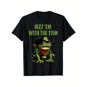 Cowboy Frog Funny Rizz Em with The Tism Meme Autistic Frog T-Shirt, Fashionable Short-sleeved Comfortable and Versatile Summer T-shirt, Shirts for Men, 100% Cotton