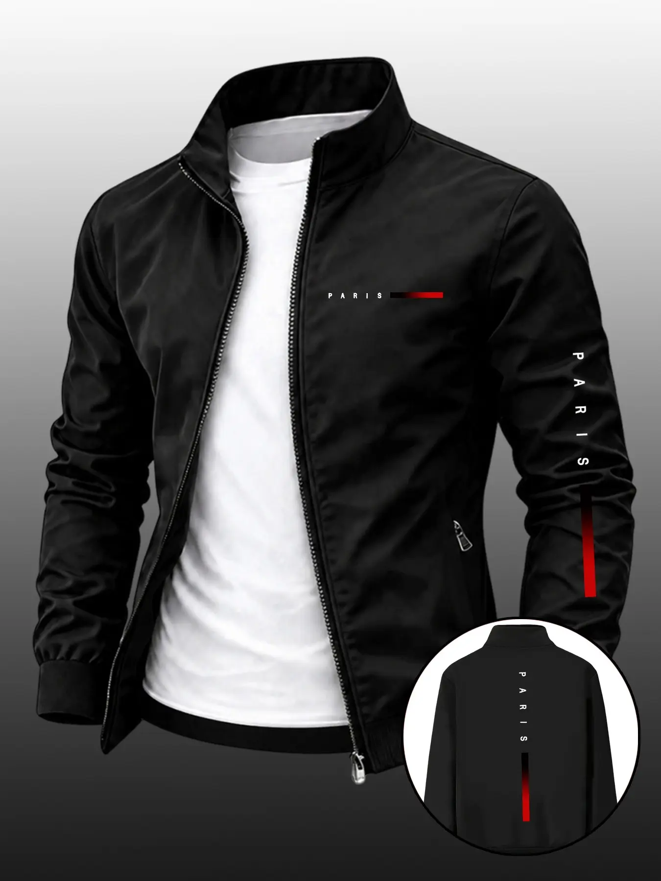 Men's Fashion Menswear Paris Series Print Long Sleeve Lapel Jacket, Collared Zip Up, Fitted Casual Streetwear Outerwear, Spring & Fall, Durable Zipper Coat, Perfect Gift