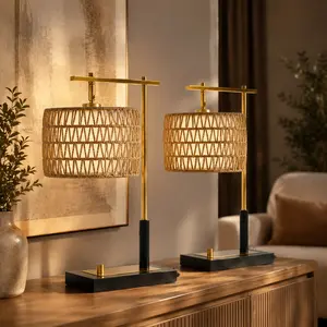 Indoor 2-Piece Table Lamp Sets with Base, ARCH 19" W x 19" D x 15.35" H, 8.80 lb Metal Base, Woven Rope & White Fabric Shade, E26 Socket, Handcrafted Natural Texture, Cozy Glow for Bedroom, Reading Nook, Bulbs Not Included