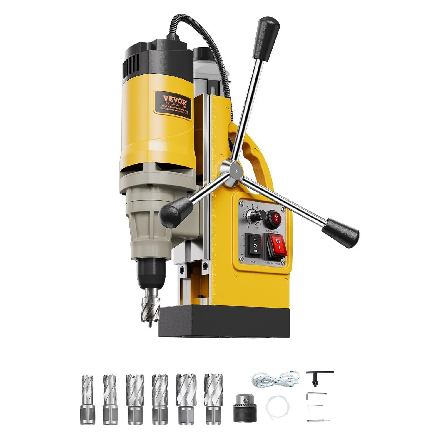 【DealsForYouDays】VEVOR Magnetic Drill, 1450W Motor 2 in Boring Diameter, 2878 lbf Electric Mag Drill Press, with 6 Coring Bits, Variable Speed, Drilling Machine for Metal Surface, Home Improvement Industry, Yellow
