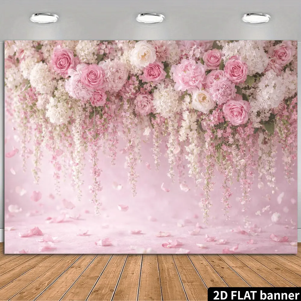 Pink Flower Wall Backdrop, 2D Floral Design with Roses and Hydrangeas for Wedding Photography, Bridal Events and Party Decorations