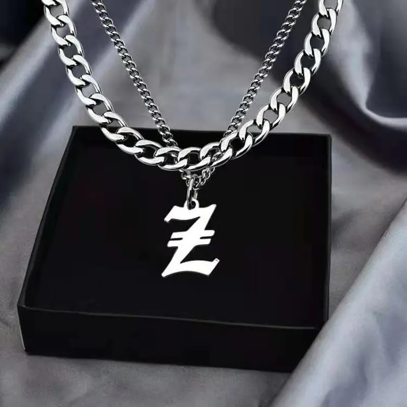 304L Stainless Steel Layered Initial Necklace for Men Boys Cuban Chunky Chain Retro Letter A-Z Pendant Necklace Double Layer Couple Chain for Him Men Boyfriend Teen Boys