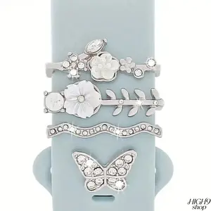 2026 Flower & Butterfly Watch Decorative Charms, 4-Piece Rose Gold Jewelry Accessory Set For Women, Cute Aesthetic DIY Ornaments Compatible With Most Smartwatch Straps, Feminine Stylish Decor For Daily Outfit Matching, Only The Charms Included