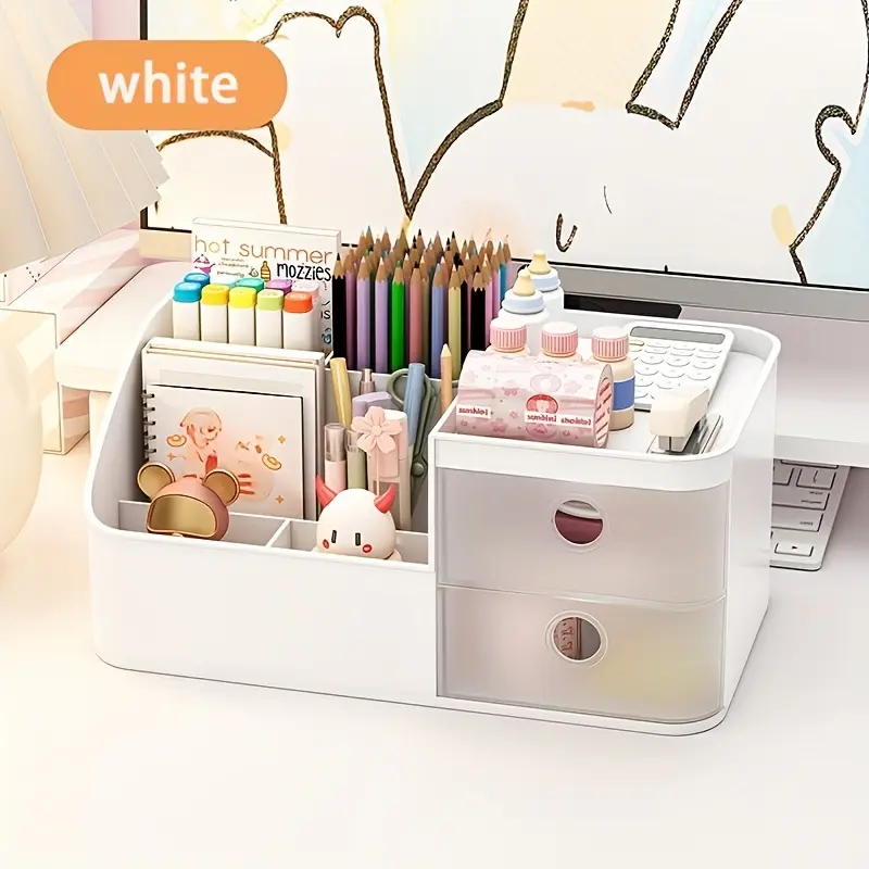 Six compartments + two drawers design, large capacity pen holder, suitable for neat storage on study desks, bedrooms or study desks, an ideal storage tool for the desktop and drawers, saving space
