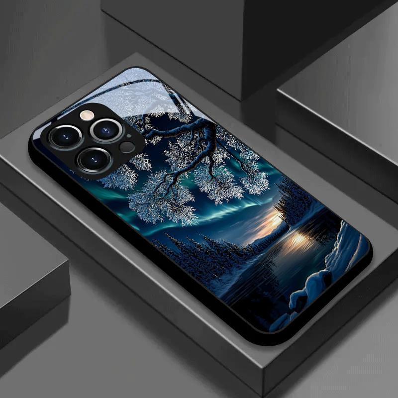 Phone case: Northern Lights Snowscape Night HD Glass Phone Case, Compatible with iphone17 17Air 16 Pro 15 Promax 14 Plus 13 12 11