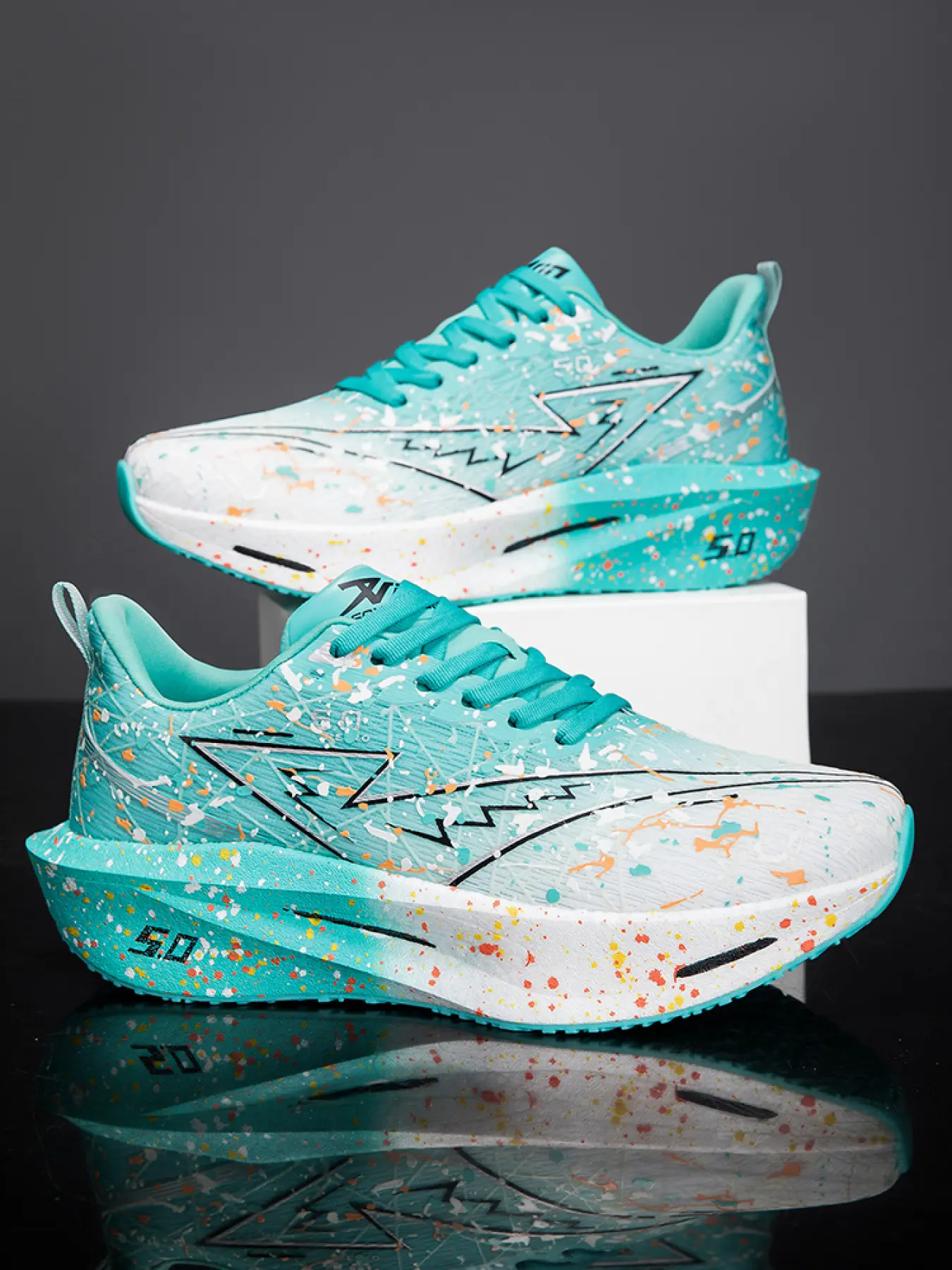 Unisex Racing Shoes, Luminous Starry Design, Splatter Gradient Print, 2 Colors, Breathable Flyknit, Popcorn Carbon Plate