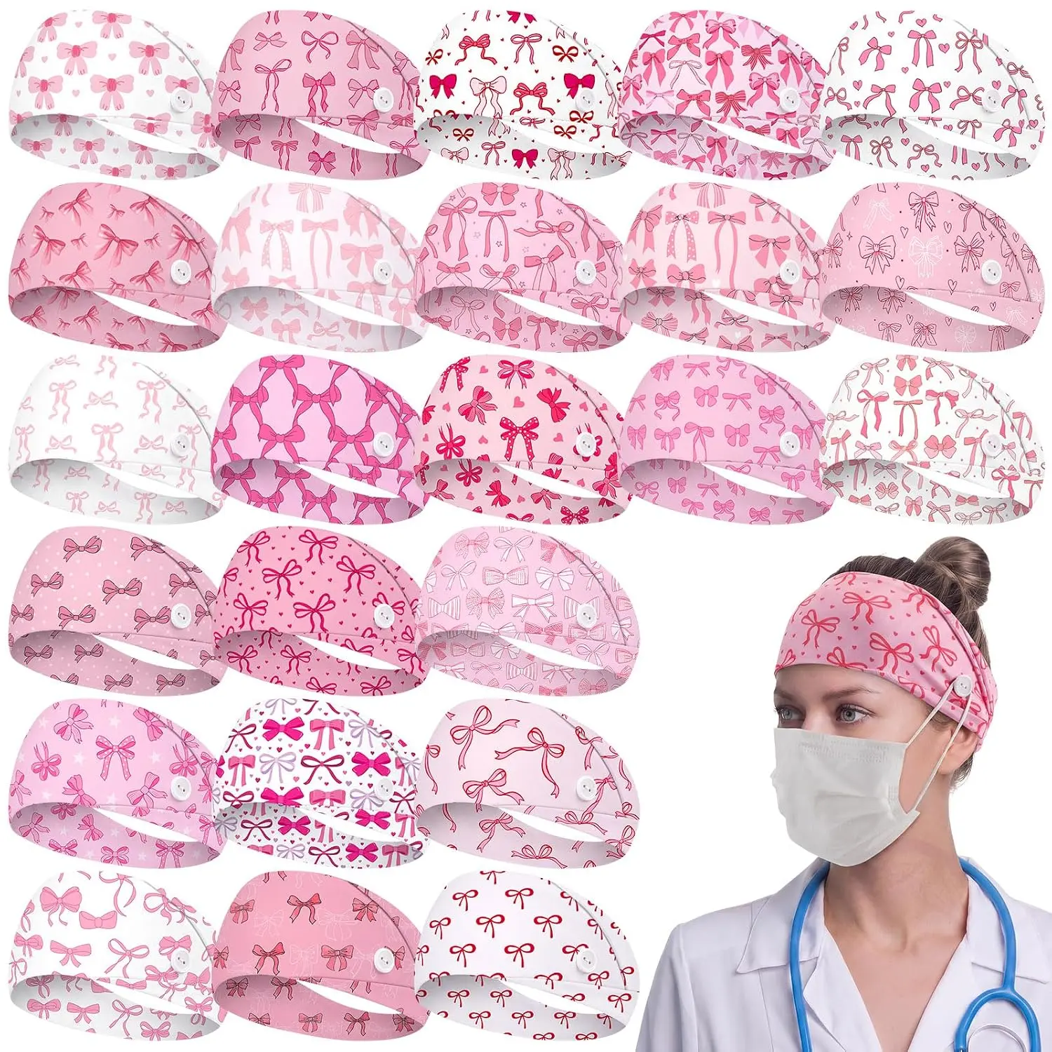24 count Nurse Headbands with Buttons for Mask Bulk,Bow Style | Cute , Elastic Hair Bands for Women, Ear Protection Non-Slip, Daily Comfortable Fit,Thanksgiving, Nurse Week  Bulk