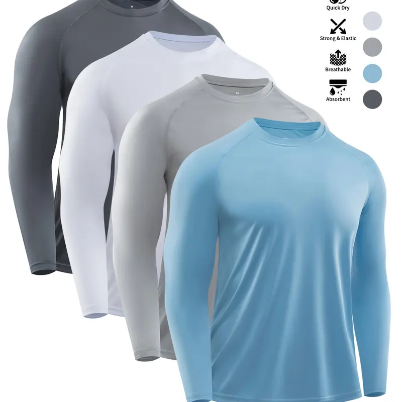 3/4-piece set Men's Pack Sun Protection T-Shirts, Sporty Long Sleeve, Breathable Quick-Dry, Moisture-Wicking, Loose Fit, Casual Athletic Style, Outdoor Running, Gym, Casual Wear, Athletic Wear