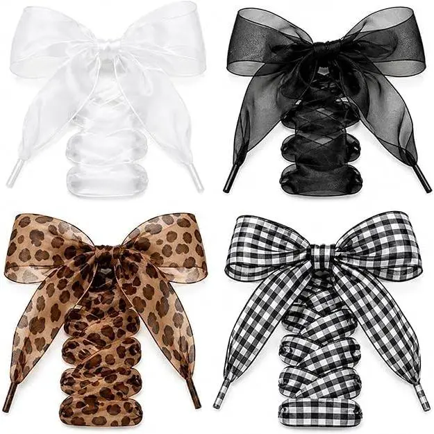Gingham Shoe Laces,4 Pairs Ribbon Shoe Laces Women,Ribbon Laces for Sneakers,Fun Cute Shoe Laces for Women Sneakers.