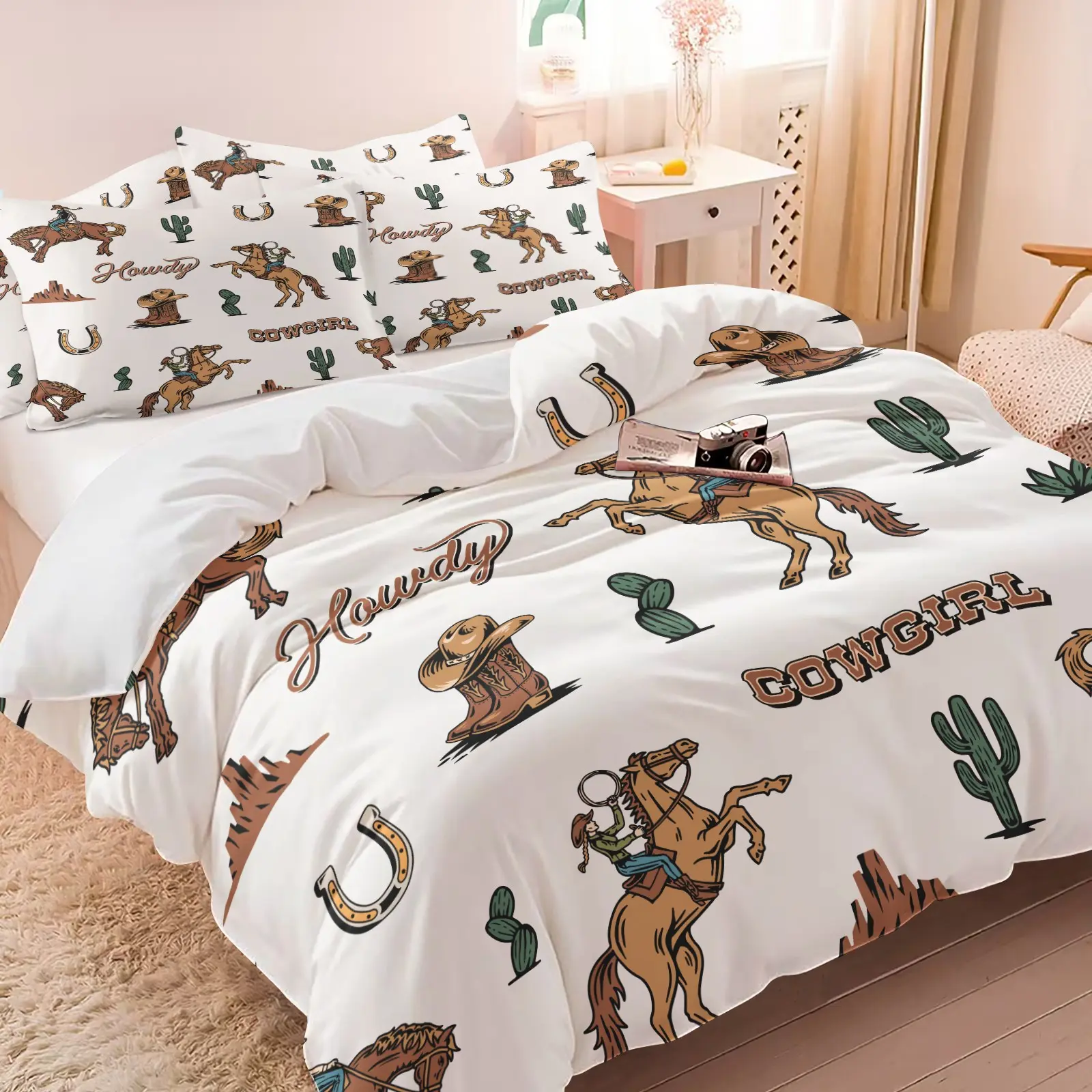 Howdy Cowgirl Print Duvet Cover Set, 1 Duvet Cover & 1/2 Pillowcases No Filling, Western Cactus Horse Bedding Set, Soft Microfiber, Comfy Bed Sets, Rustic Decor Gift for Women Teen Girls Bedroom Dorm