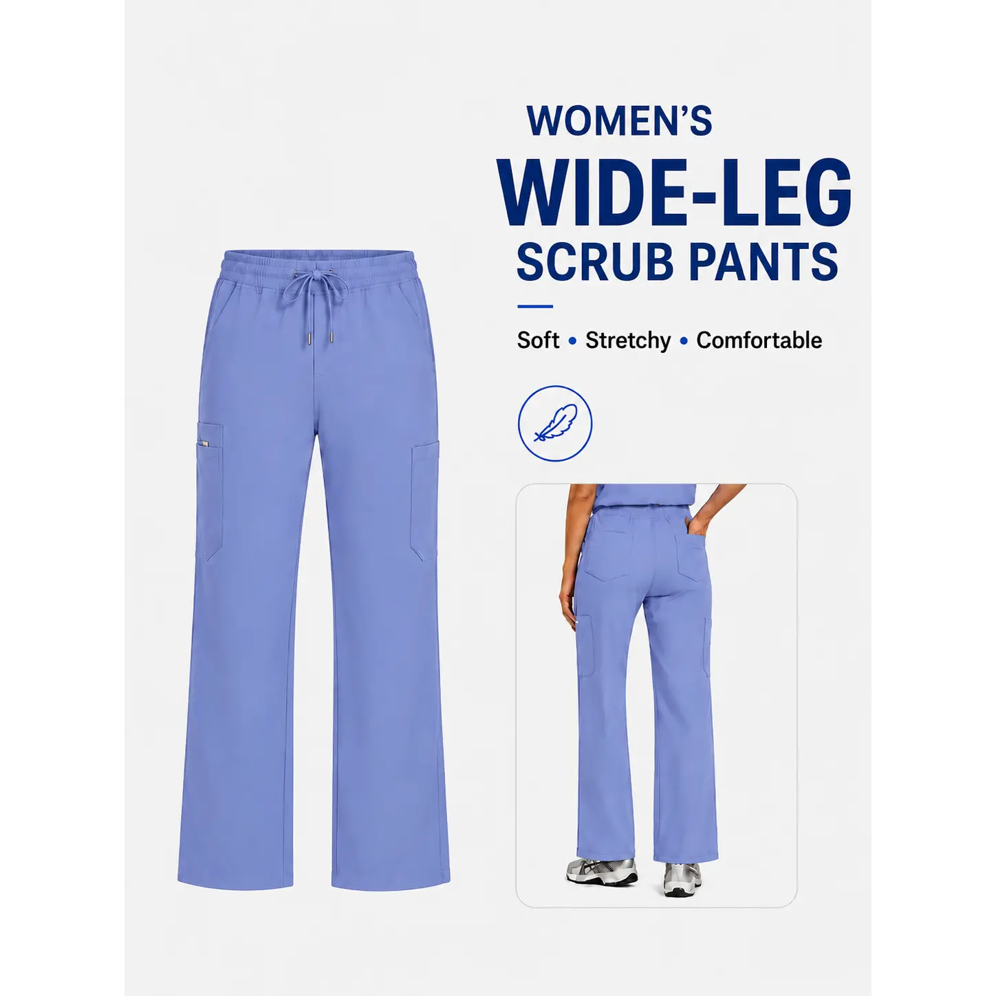 Women's High Waist Flare Scrub Pants - Loose, Minimalist, Elegant, Breathable Smooth Stretch Medical Cargo Workwear with Pockets, Drawstring Adjustable Fit for Nurses, Baggy, Casual, Clothes, Bottom, Flared, Fabric, Basics, Elastane, All Seasons, Bottoms,