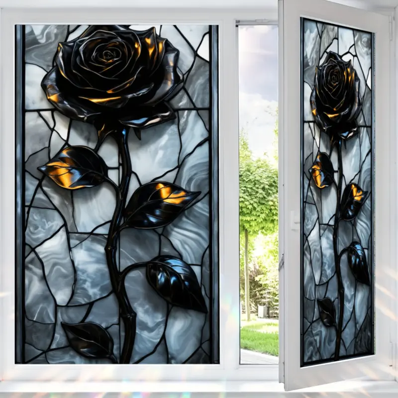 2D Flat Static Cling Black Rose With Golden Accents Stained Glass Style Window Decal Ornament For Living Room And Bedroom Removable