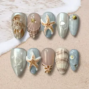 Handmade Decorative Press-On Nails, Summer Almond Shape with 3D Jellyfish, Starfish & Seashells for Vacation & Daily Wear, Decorative Nails