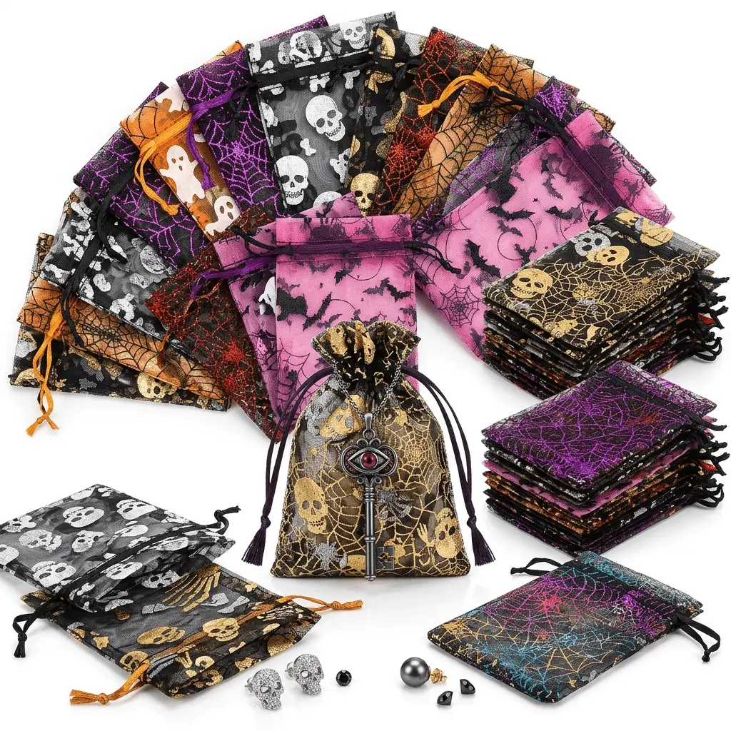 50 Pack Mixed Color Halloween Organza Drawstring Gift Bag, Party Favor Bags, Party Goodie Bags, Candy Bag with Aluminum Foil Spider Web Ghost Skeleton Bat Print, Lightweight and Durable Candy Bag, Suitable for Holiday Parties, Classrooms, Homes, and Shops