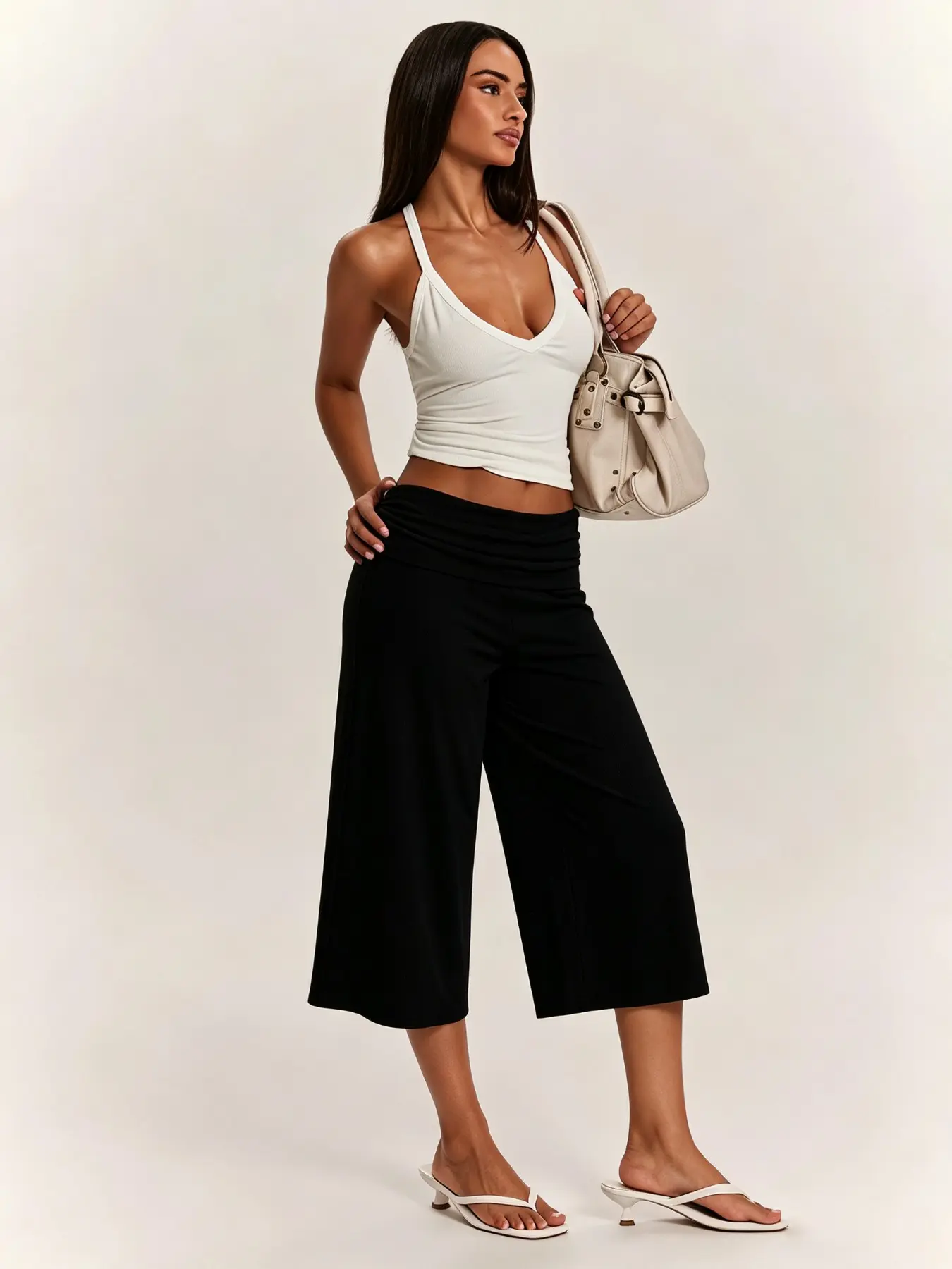 Women Fold Over Waist Culotte Wide Leg Capri Pants, High Stretch Soft Casual Cropped Palazzo Trousers, Loose Fit Flowy Mid Calf Pants, Daily Vacation Beach Outfit, Trendy Clean Girl Streetwear, Versatile Summer Ladies Bottoms Available In Multiple Colors
