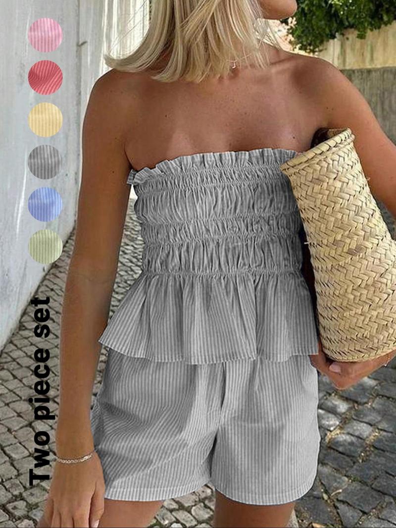 Two-piece Set Women's Striped Print Tube Top & Shorts Set, Casual Strapless Top & Shorts for Daily Wear, Ladies Clothes for Summer
