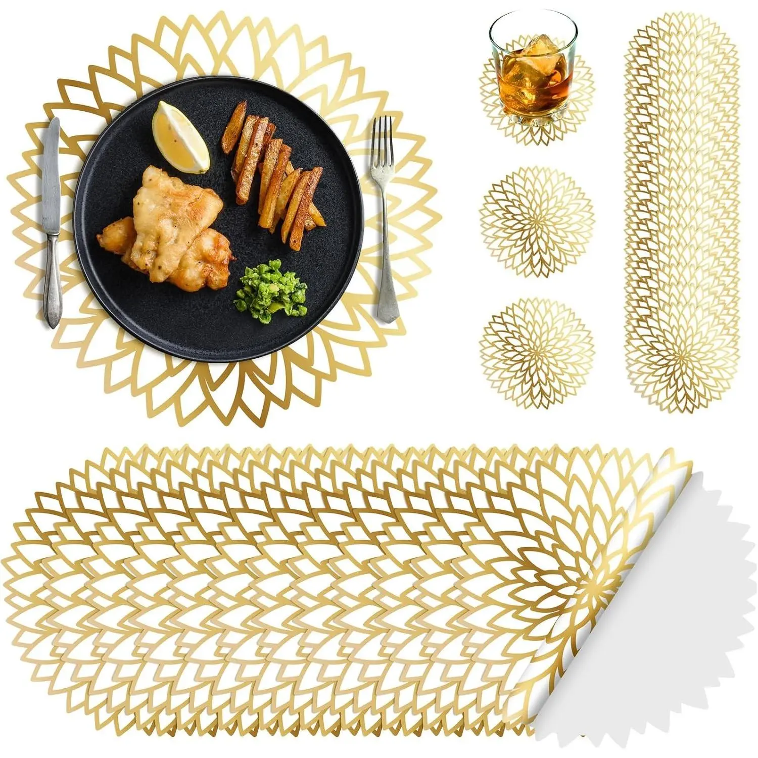 200 Disposable Paper Placemats and Coasters Set, Summer Hawaiian Luau Placemat with Coasters for Indoor Outdoor Greenery Jungle Dining Table Decoration, Birthday Shower(Gold Round)