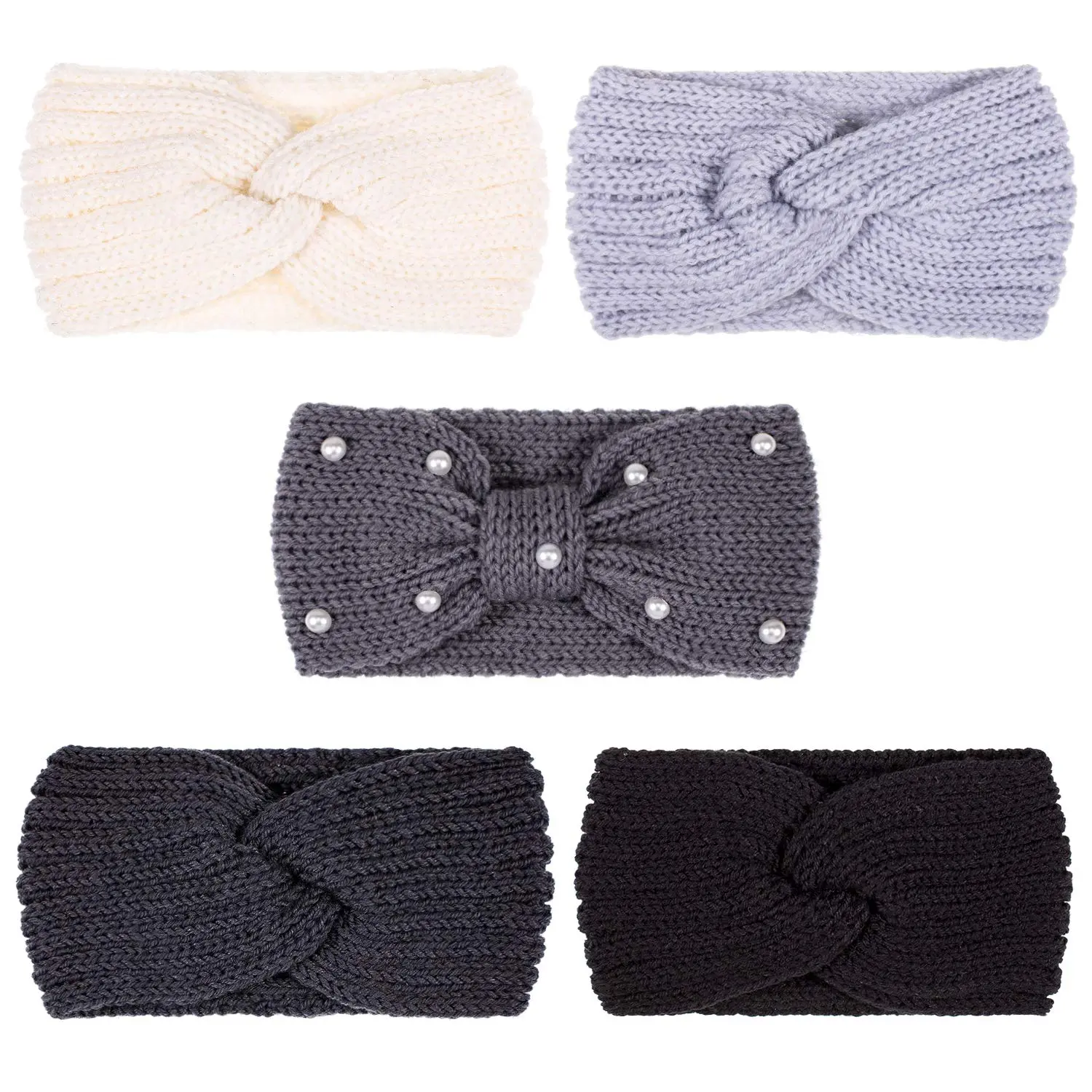 Girls' 5-Piece Bright and Special Christmas Winter Wide Headbands Set - 4 Elastic Turban Wraps, 1 Pearl Knit Ear Warmer (4.3 in Width, 7.9 in Length) for Everyday & Ceremony Selfie Accessories