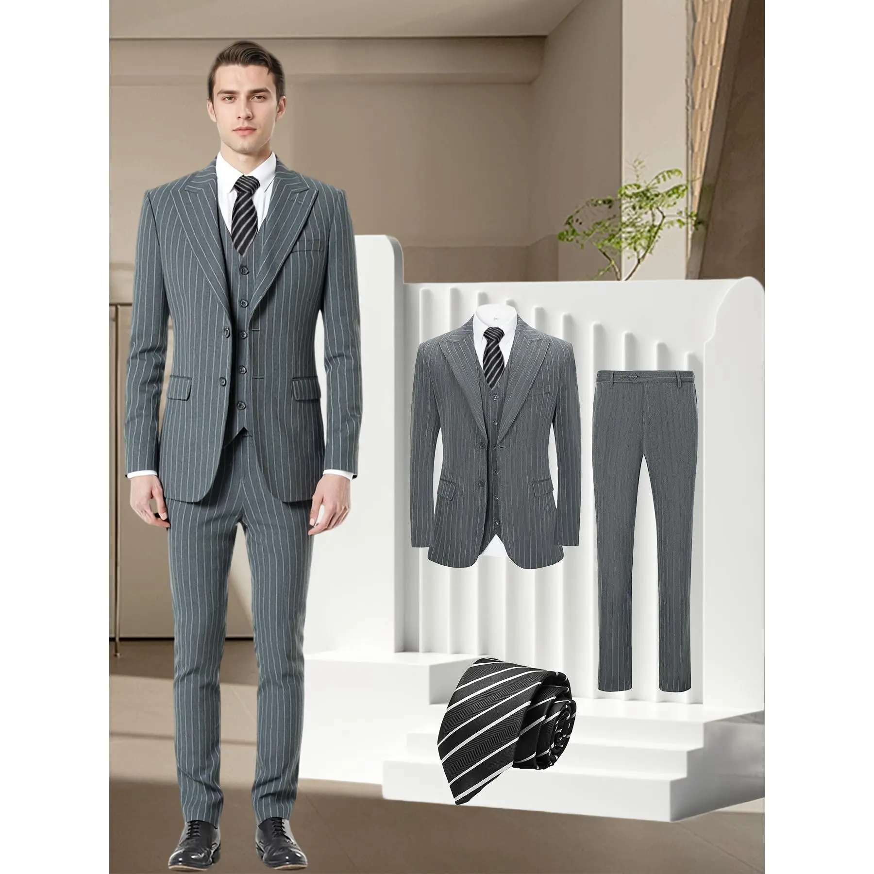 Men's 4-Piece Striped Suit Set, Slim-Fit Long Sleeve Blazer with Matching Vest and Trousers for Prom, Weddings, Office, Fabric, Rayon, Fitted, Button Front, Party, Preppy, Workwear, Soft