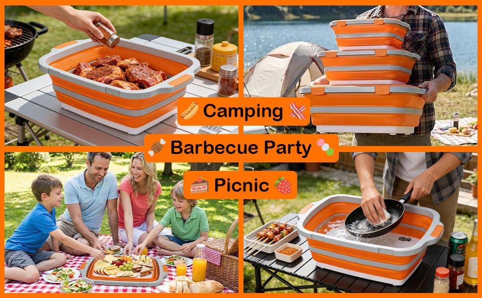 16L Collapsible BBQ Prep Tub with Locking Lid Cutting Board for Marinating Food Storage - Portable Wash Basin for Kitchen Camping Sink - Gift for Men Women for Household Baking Grill Picnic Tailgate