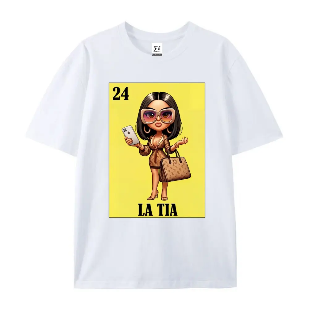 24 La Tia Loteria Card T-Shirt Funny Latina Chicana Culture Graphic Tee Cotton Short Sleeve Crewneck Casual Loose Fit Boujee Fashionista Design Top For Women