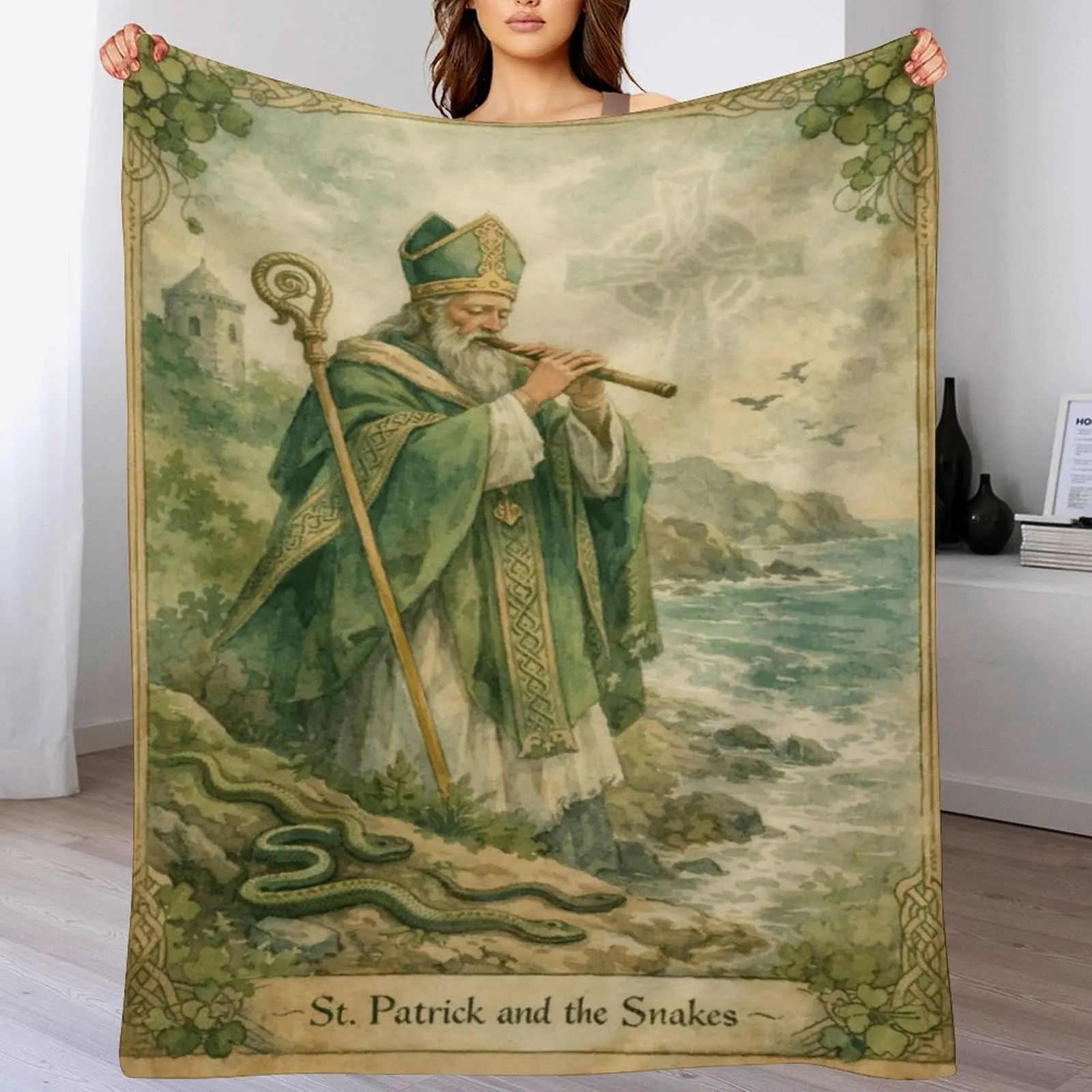 Vintage Celtic Irish Folklore Card Art Flannel Throw Blanket Soft Cozy Decorative Blanket for Couch Bedroom St Patrick Home Decor