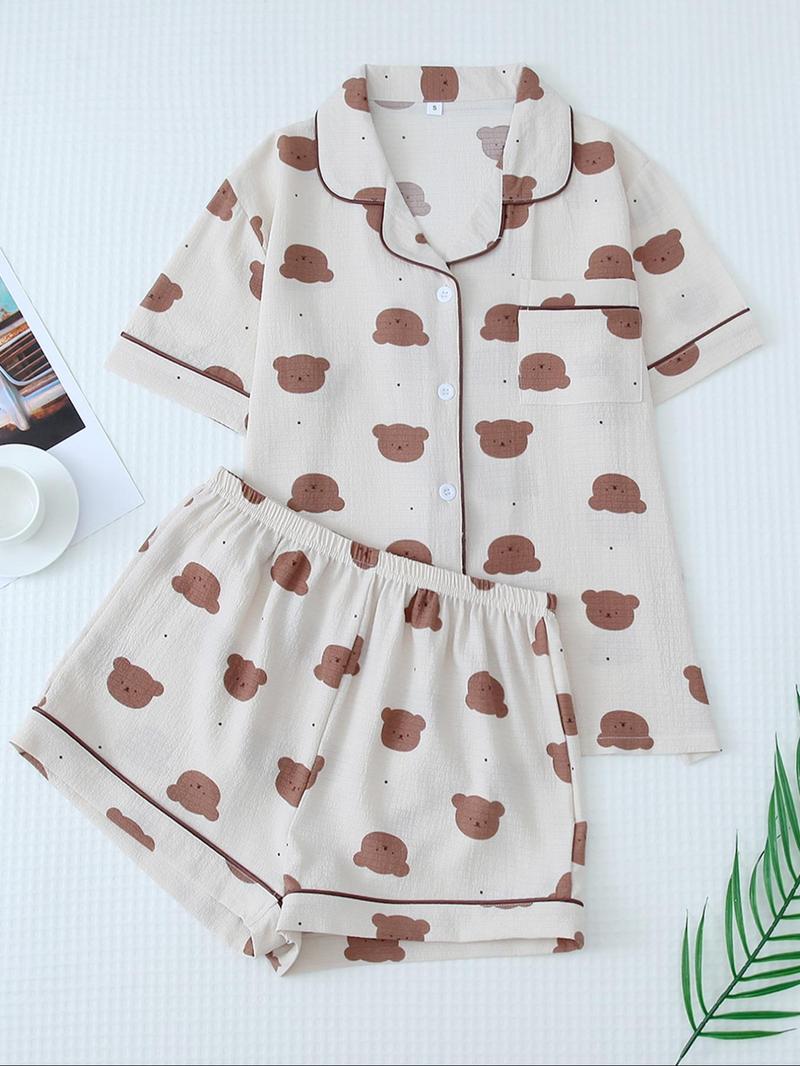 Women's Cartoon Bear Print Lapel Pocket Shirt & Elastic Waist Shorts Loungewear Set, Button Front Short Sleeve Top & Shorts PJ Set, Casual Comfy Pyjama Set Homewear for Women