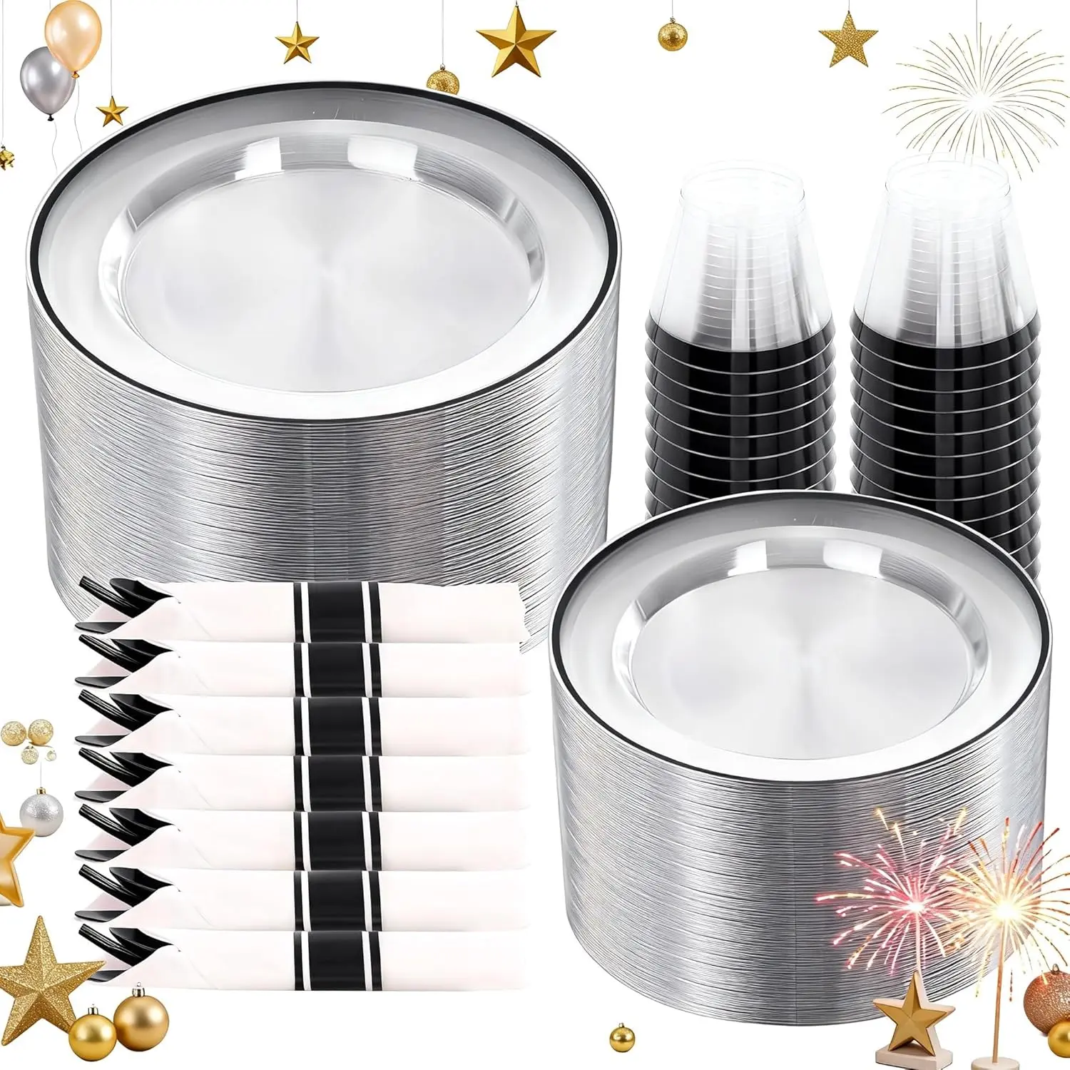 350 count Black and Clear Plastic Dinnerware Set for 50 Guests, Include: 50 Dinner Plates, 50 Dessert Plates, 50 Pre Rolled Napkins With Silverware, 50 Cups, Disposable Plates for Party