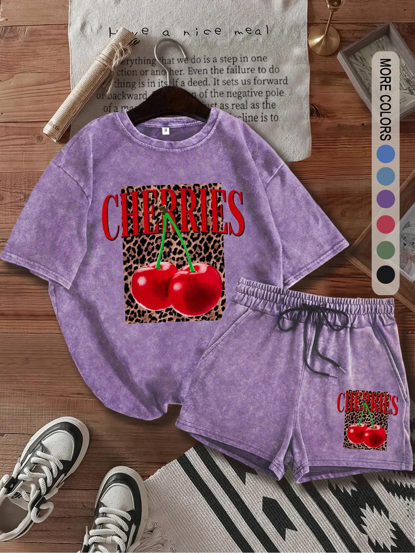 Two-Piece Set Women's Cherry Print Tee & Leopard Print Shorts, Casual Short Sleeve T-shirt & Shorts, Ladies Summer Clothes for Daily Wear, Suits, Casual Lounge Set