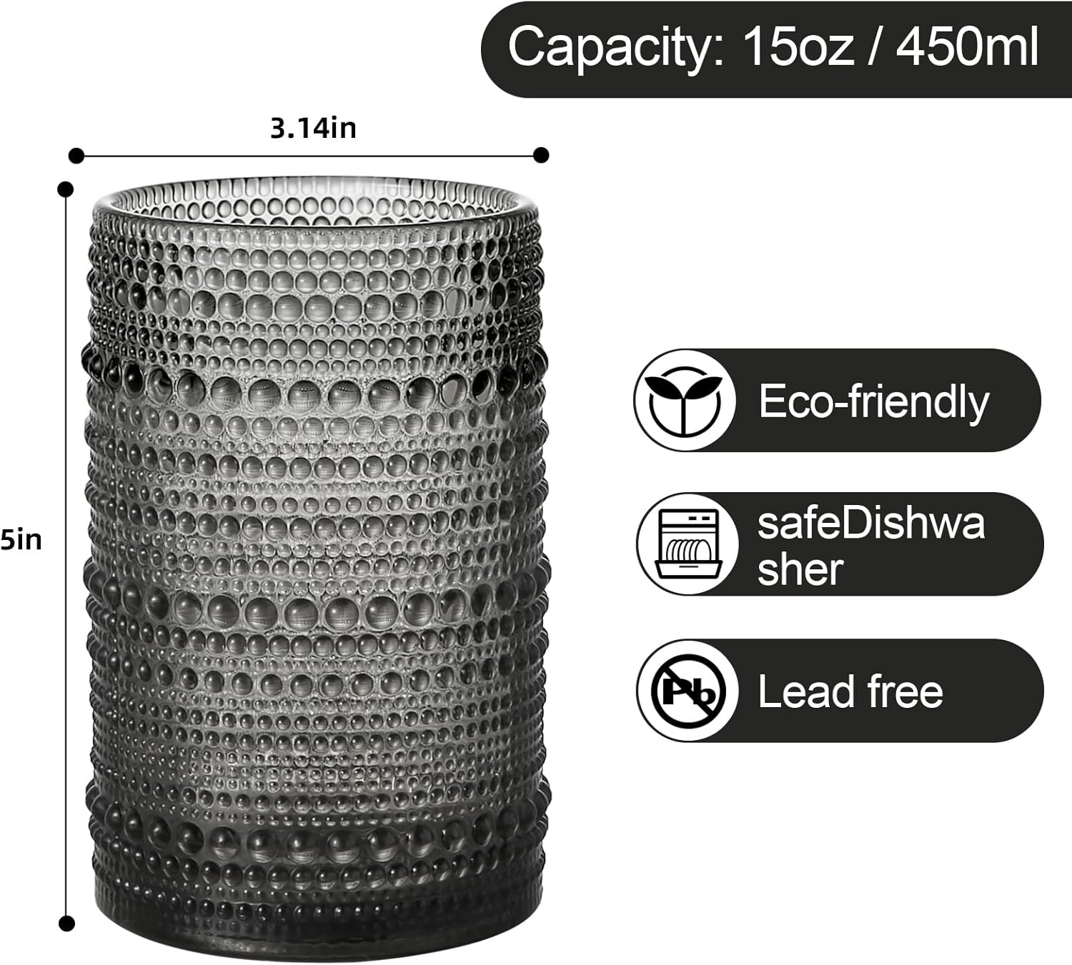 Glassware Drinking Glasses Set of 6,15 oz Hobnail Glass Cups,Embossed Grey Water Tumbler,for ,,,Juice and Various Mixed Drinks- 1 Cleaning Brush