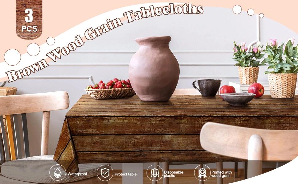 3 Pcs Brown Wood Grain Tablecloths Rustic Plastic Table Covers for Rectangle Table, Vintage Farmhouse Tablecloth Decorations for Western Barn Birthday Wedding (54 x 108 Inches)